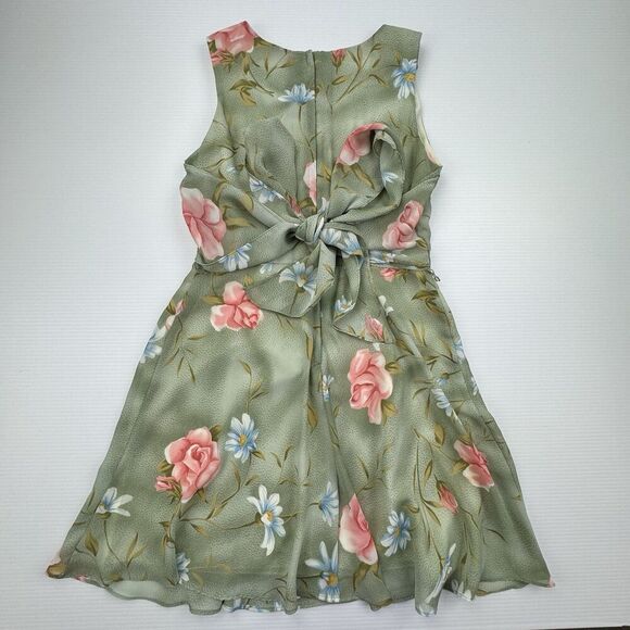 Sarah Richards Green Floral Dress Sleeveless Lined Belted Tie - Picture 2 of 6